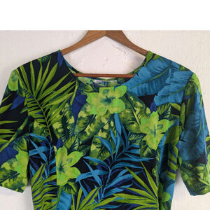 Vtg Hawaiian Dress 1990s Floral Tropical Blue Green Resort Vacation Beachy